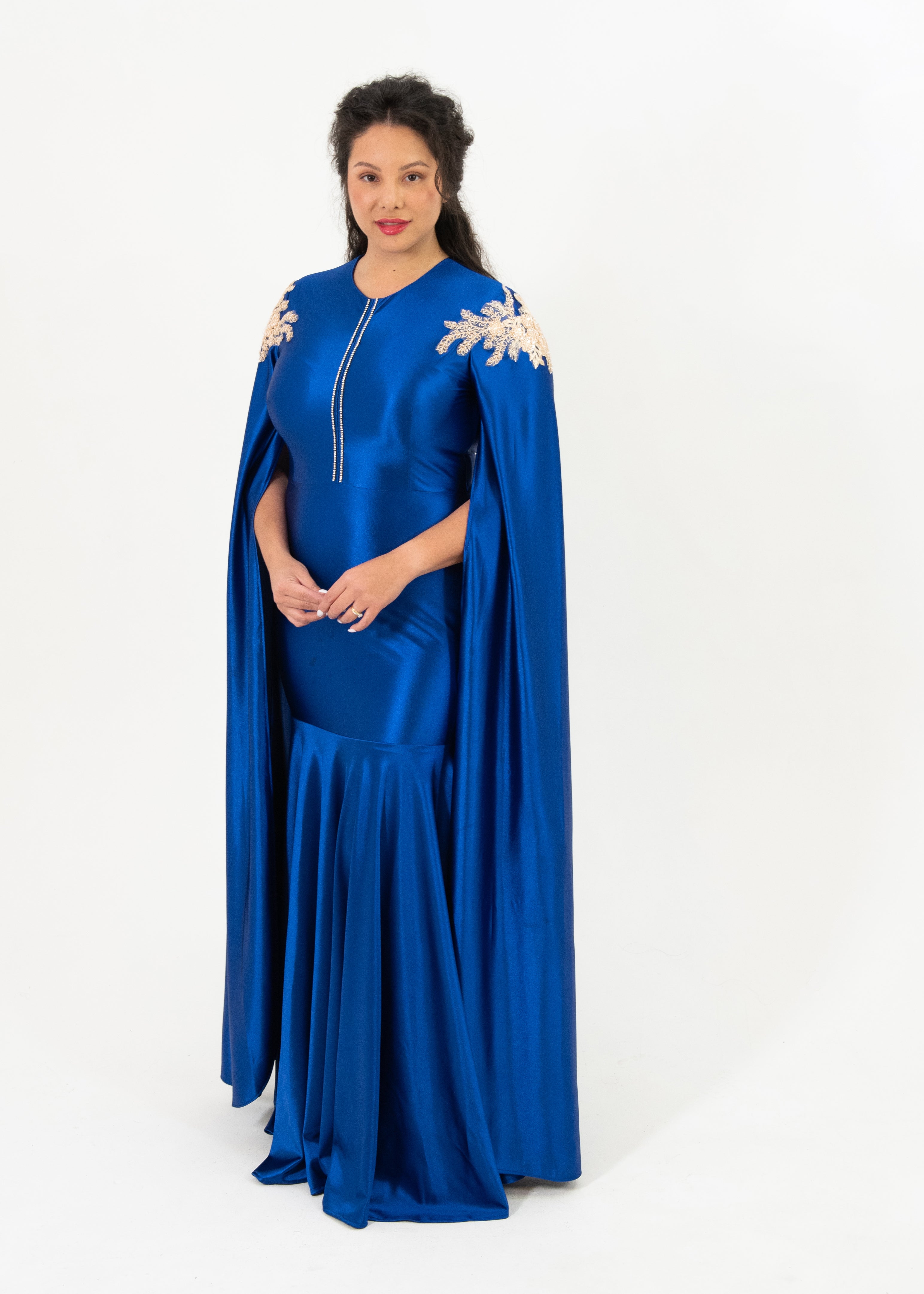 Her Majesty Loice Stretch Satin Cape Gown