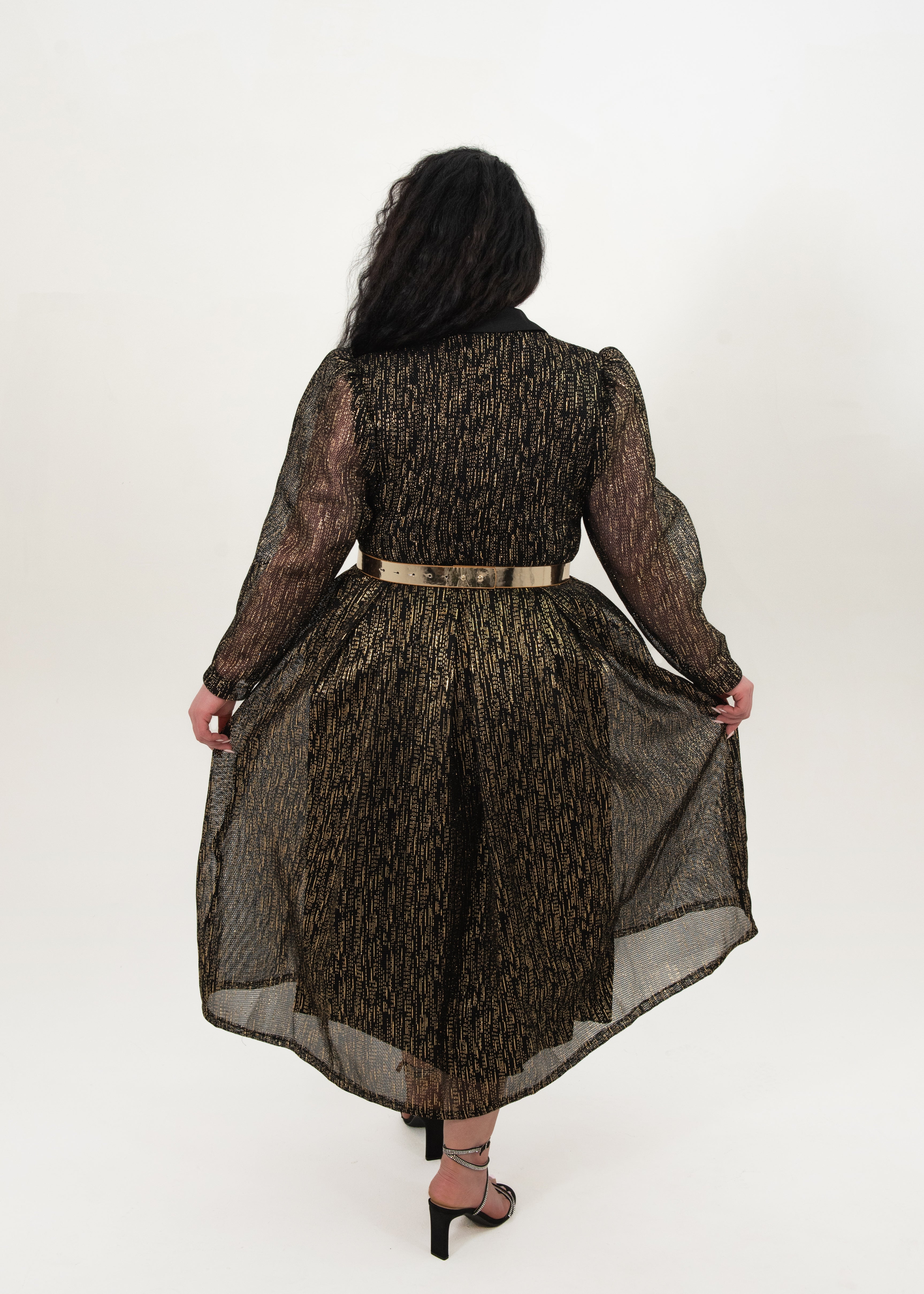 Diana-Glam Belted Gold Accented Black Midi Dress